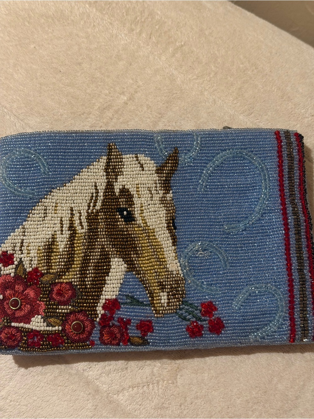 Mary Frances Red and Light Blue Beaded Clutch